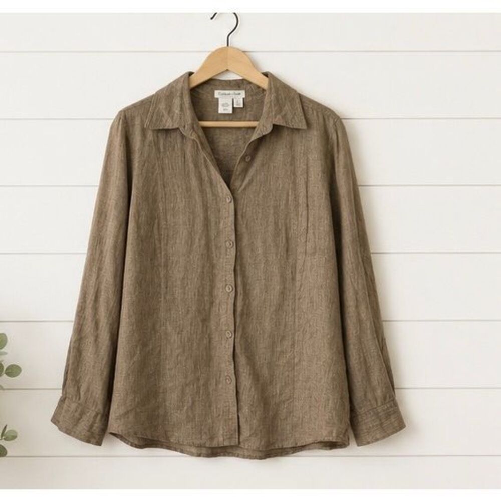 Coldwater Creek 100% linen brown metallic button down 1x